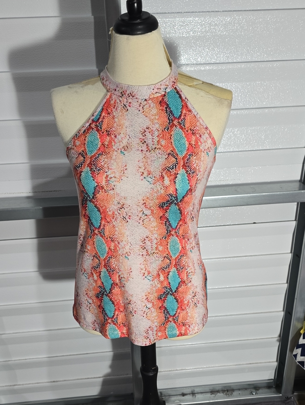 Women's Halter Snake-Print Shell Top in Coral & Teal Size Small